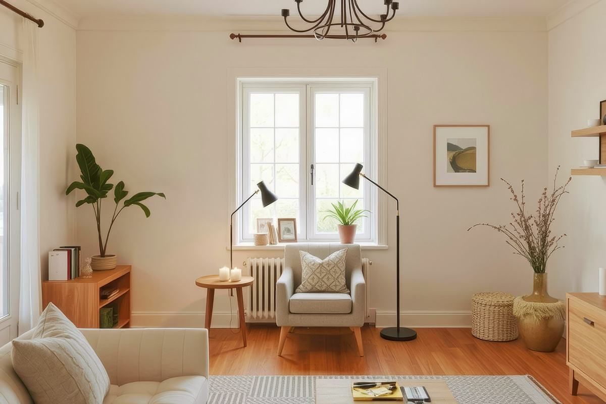 A serene living room with a dedicated readingnook by the window