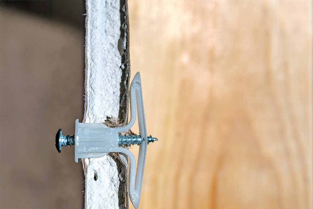 A screw inside an anchor, seen from the side, in a sheet of drywall.