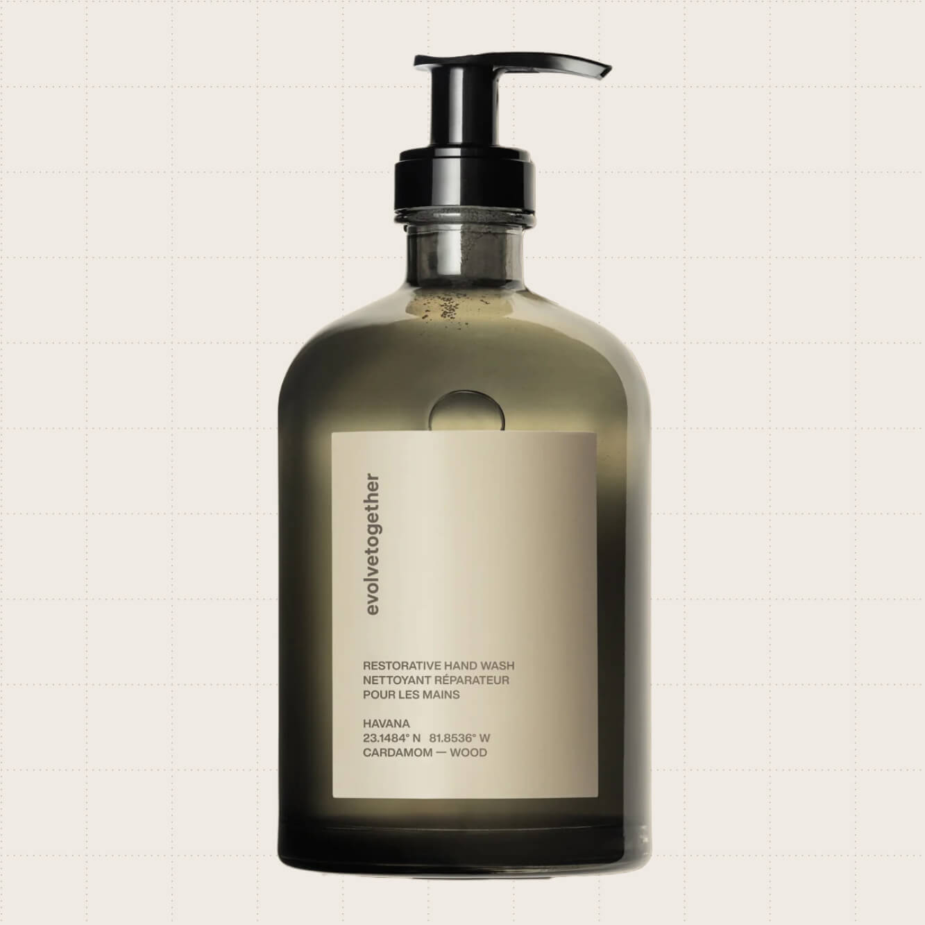 Evolvetogether Restorative Hand Wash. The scent is cardamom — wood and the bottle holds 12.7 ounces.