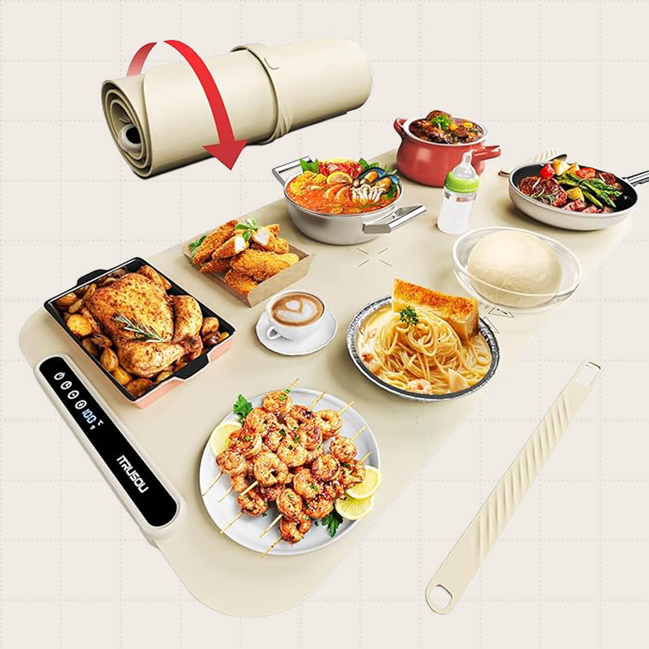 A 27.5-by-16-inch food warming mat in an off-white color. The image shows that the mat is rollable.