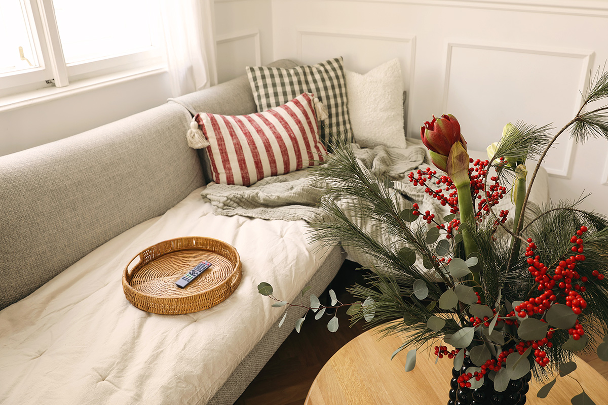 Living room couch with a tray