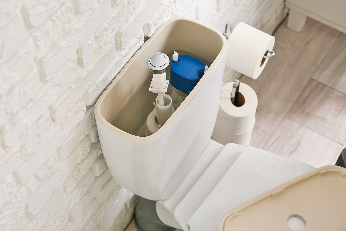 Toilet bowl with removed tank lid in bathroom